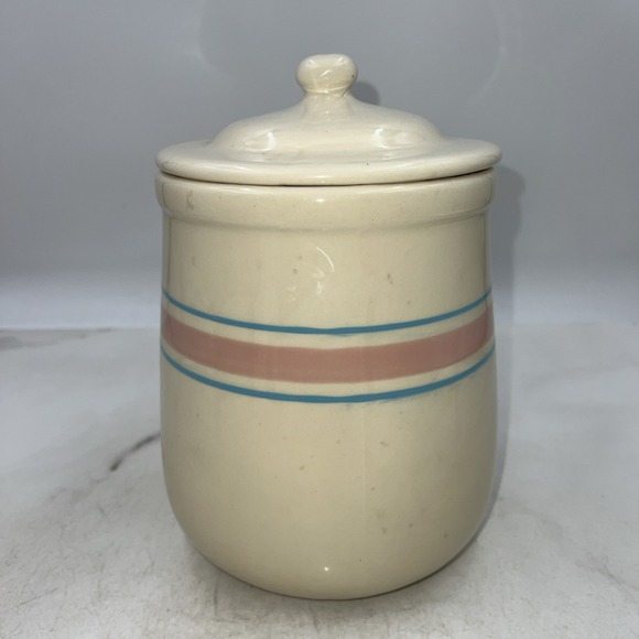 VTG McCoy Pottery Cannister w/ Lid Large Cookie Jar USA Blue and Pink Band 9" - Picture 4 of 13